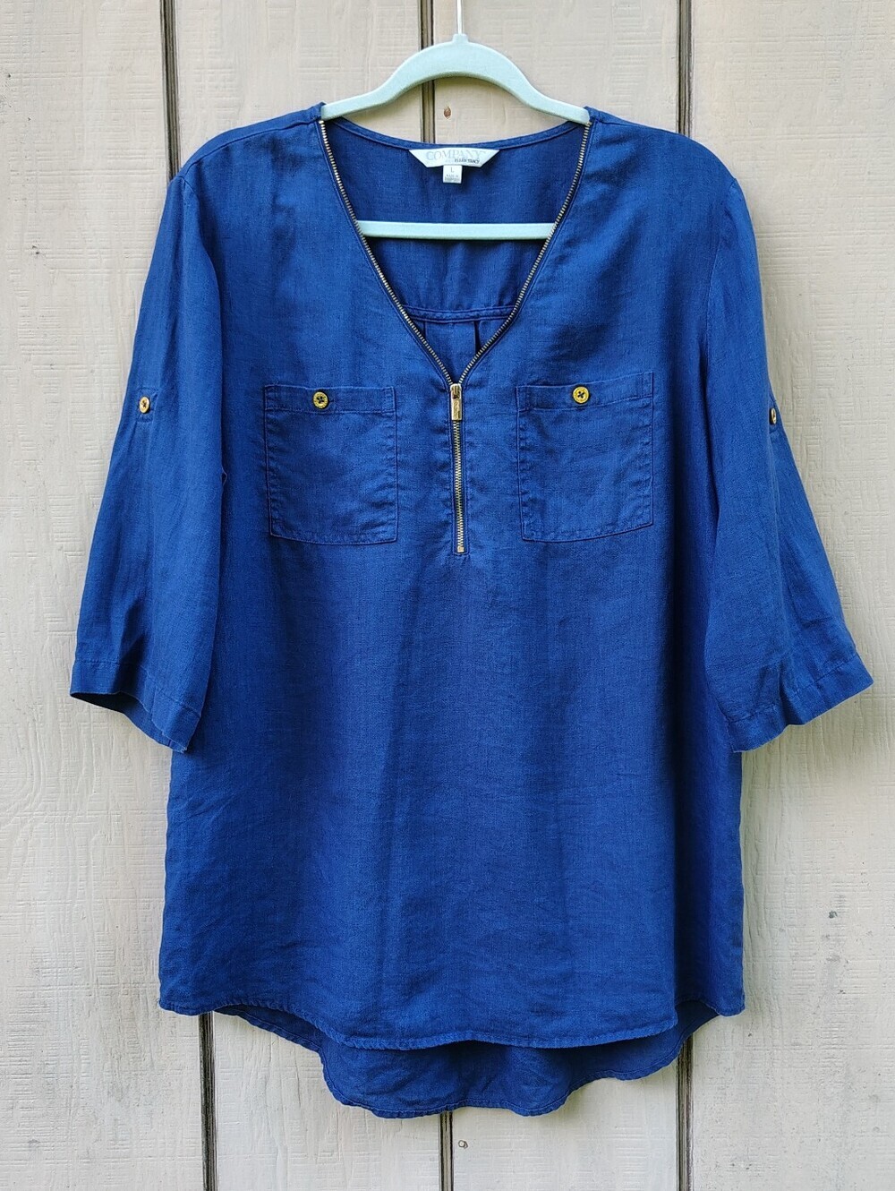 Company Ellen Tracy 100% Linen Blue Zip Front Roll Tab Sleeve Top Summer Large